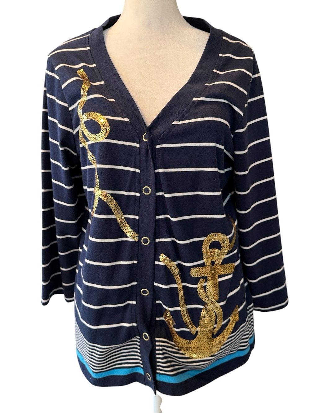 Onque Casuals Large Navy Striped Gold Sequin Anchor Nautical Cardigan Cotton